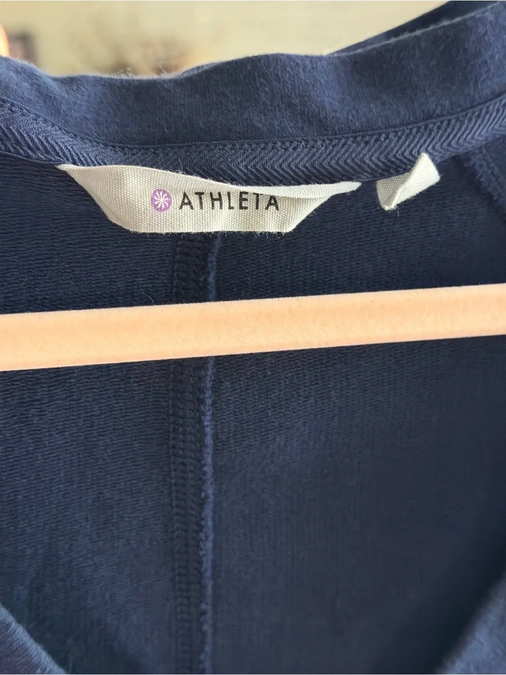 Athleta Navy Long-Sleeve V-Neck Sweatshirt Dress with Zip Pockets